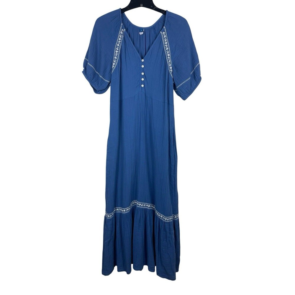 Old Navy Blue Gauze Midi Maxi Dress Boho Peasant Cottagecore Embroidered S
